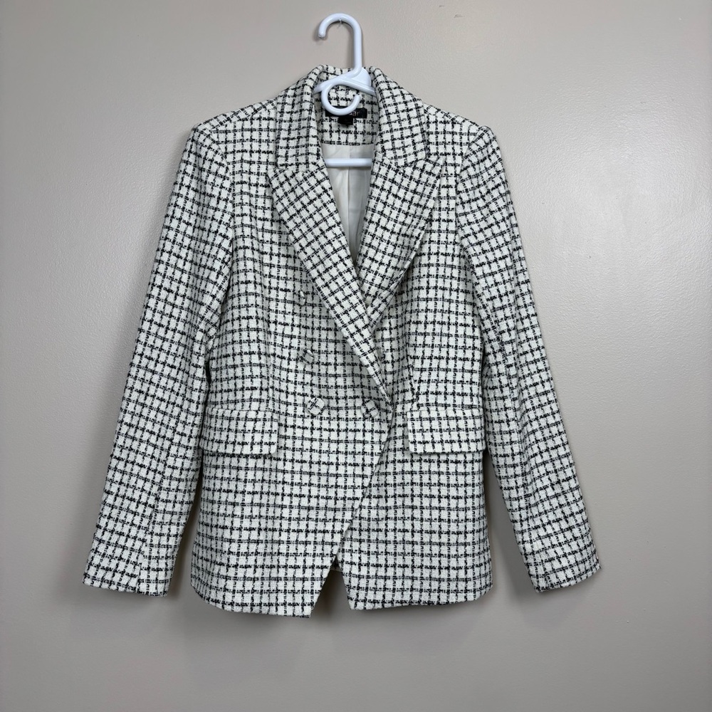Renuar Blazer Womens 6 Cream‎ Black Plaid Double Breasted Button Front Jacket